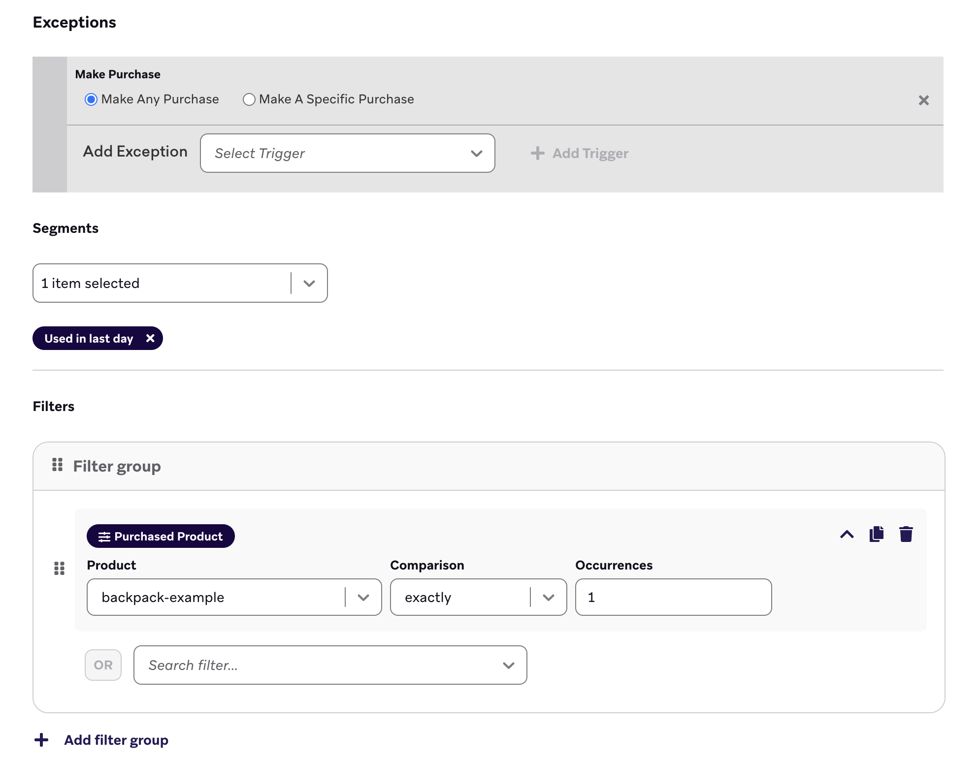Exit Criteria settings with "Makes Any Purchase" as the exception event, so if a user makes any purchase, then they will exit this Canvas.