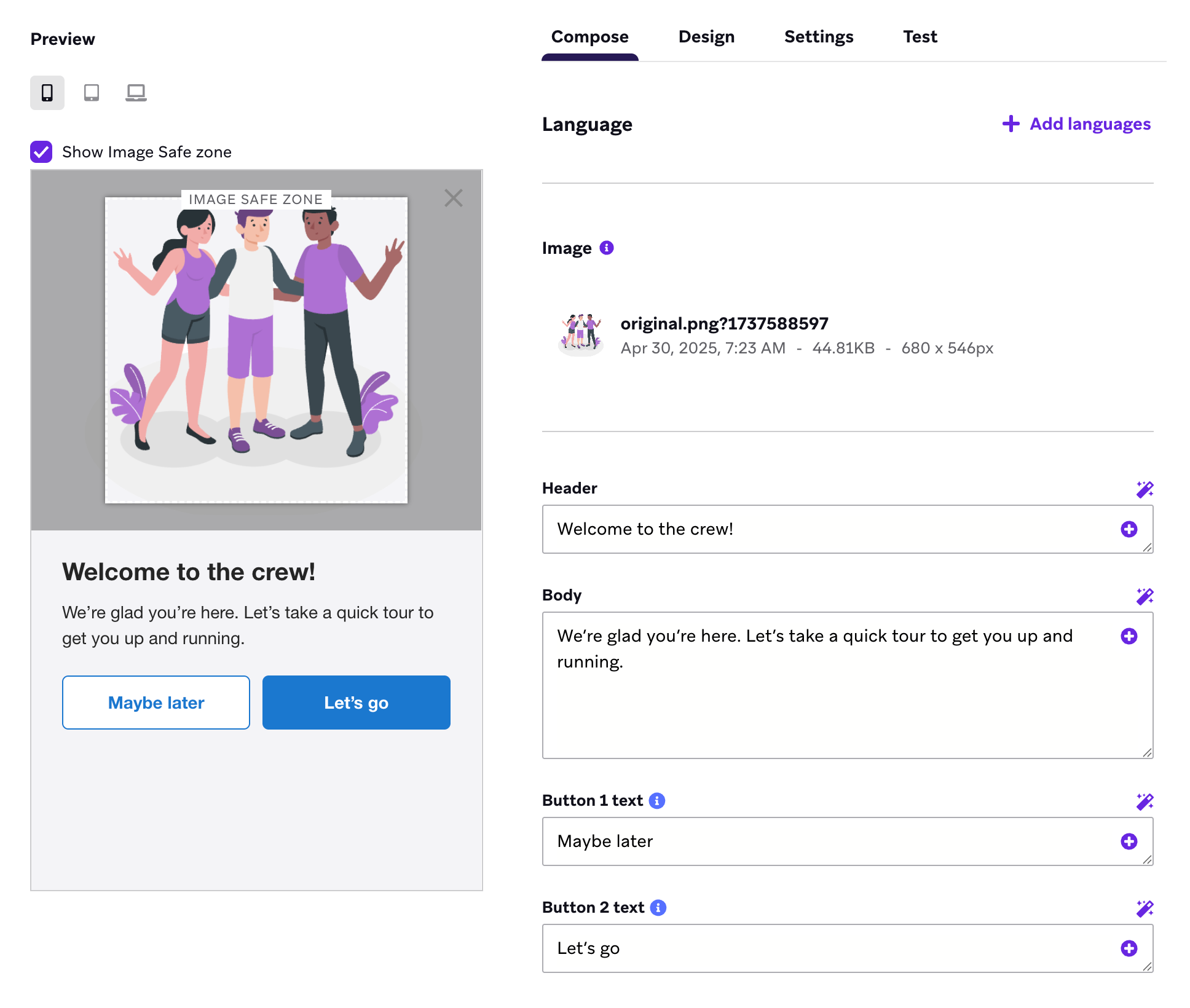 An example brand's in-app message to welcome new customers and prompt them to set up a user profile.