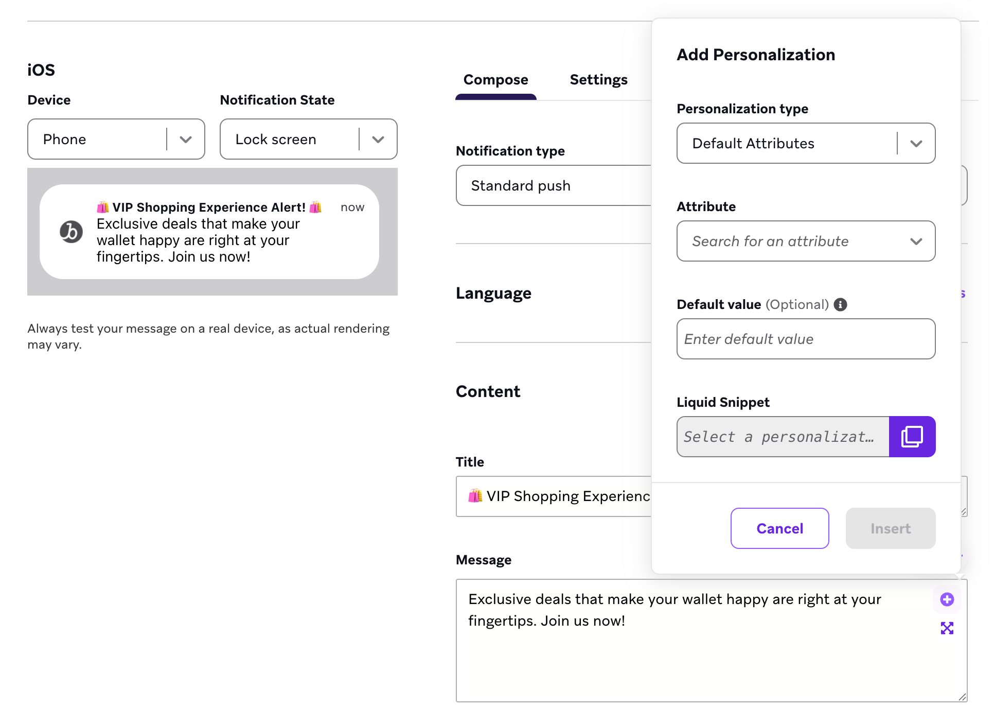The Add Personalization modal that appears after selecting insert personalization. The modal has fields for personalization type, attribute, optional default value, and displays a preview of the Liquid syntax.
