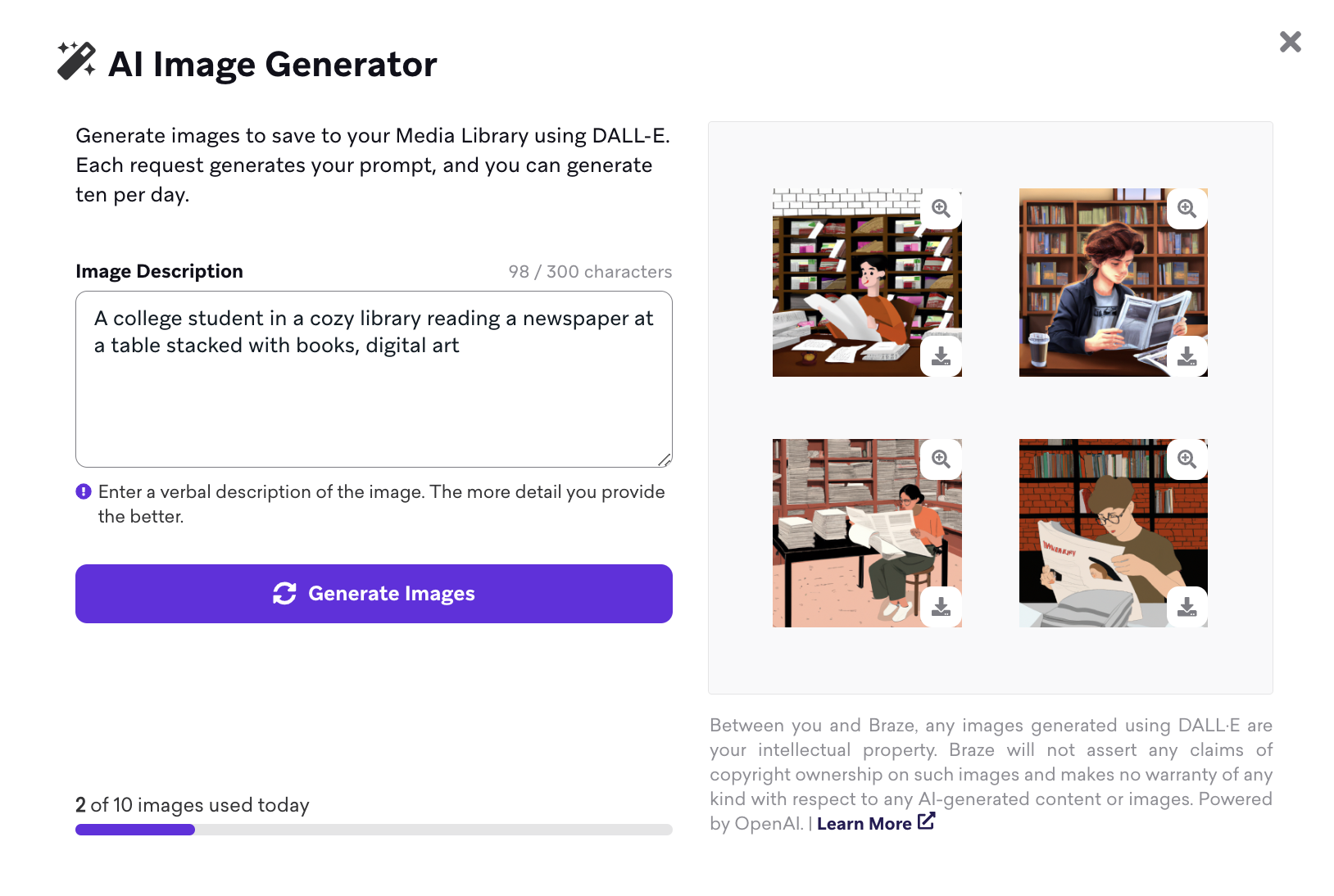 AI image generator modal in the media library.