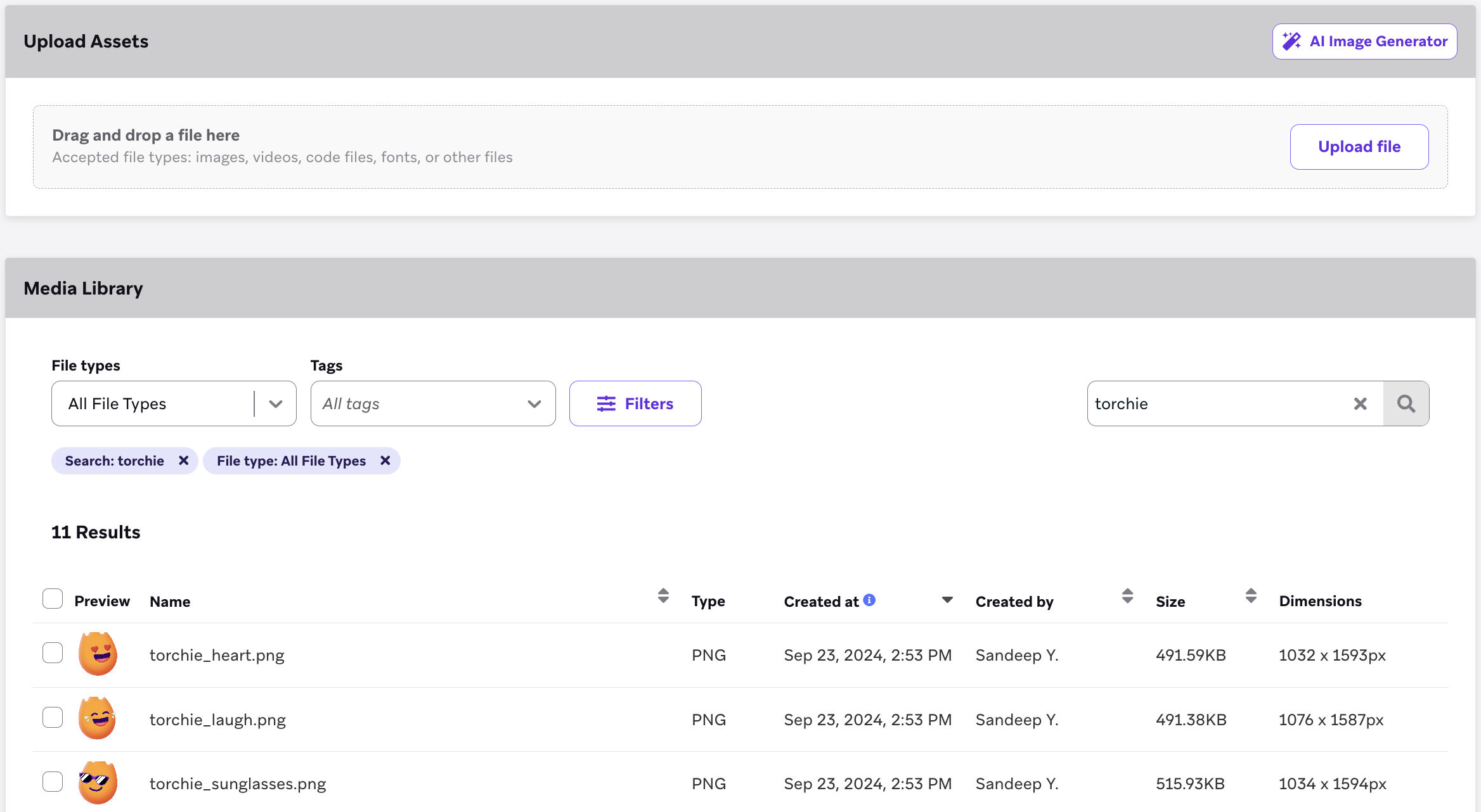 Media Library page that includes an "Upload To Library" section to drag and drop or upload files. There is also a list of uploaded content in the media library.