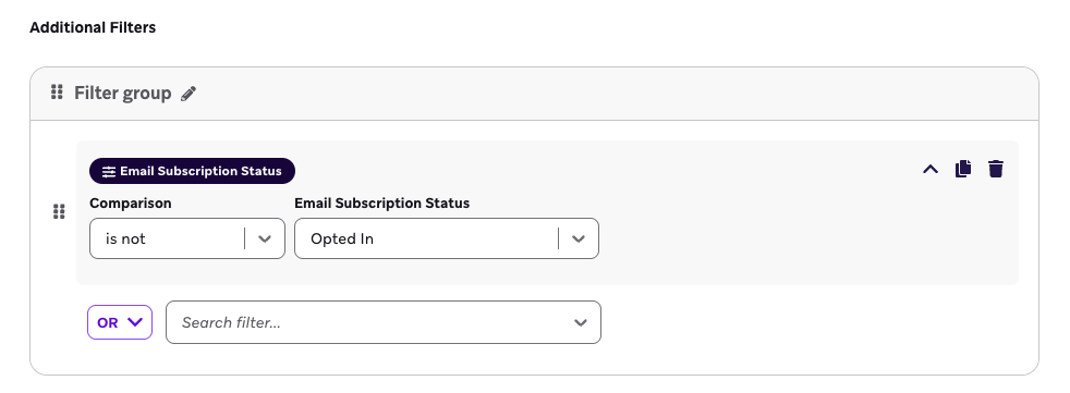Email Subscription Status used as a segment filter.