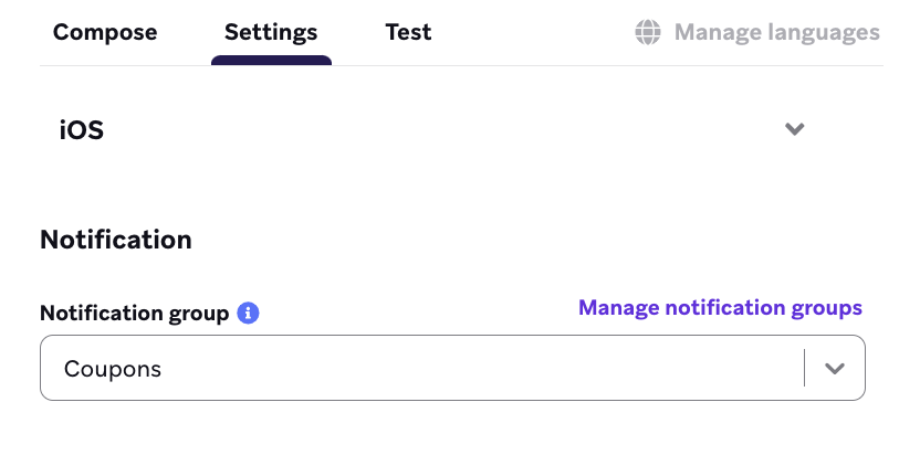 The "Settings" tab with a "Notification group" dropdown that selected a value of "Coupons".