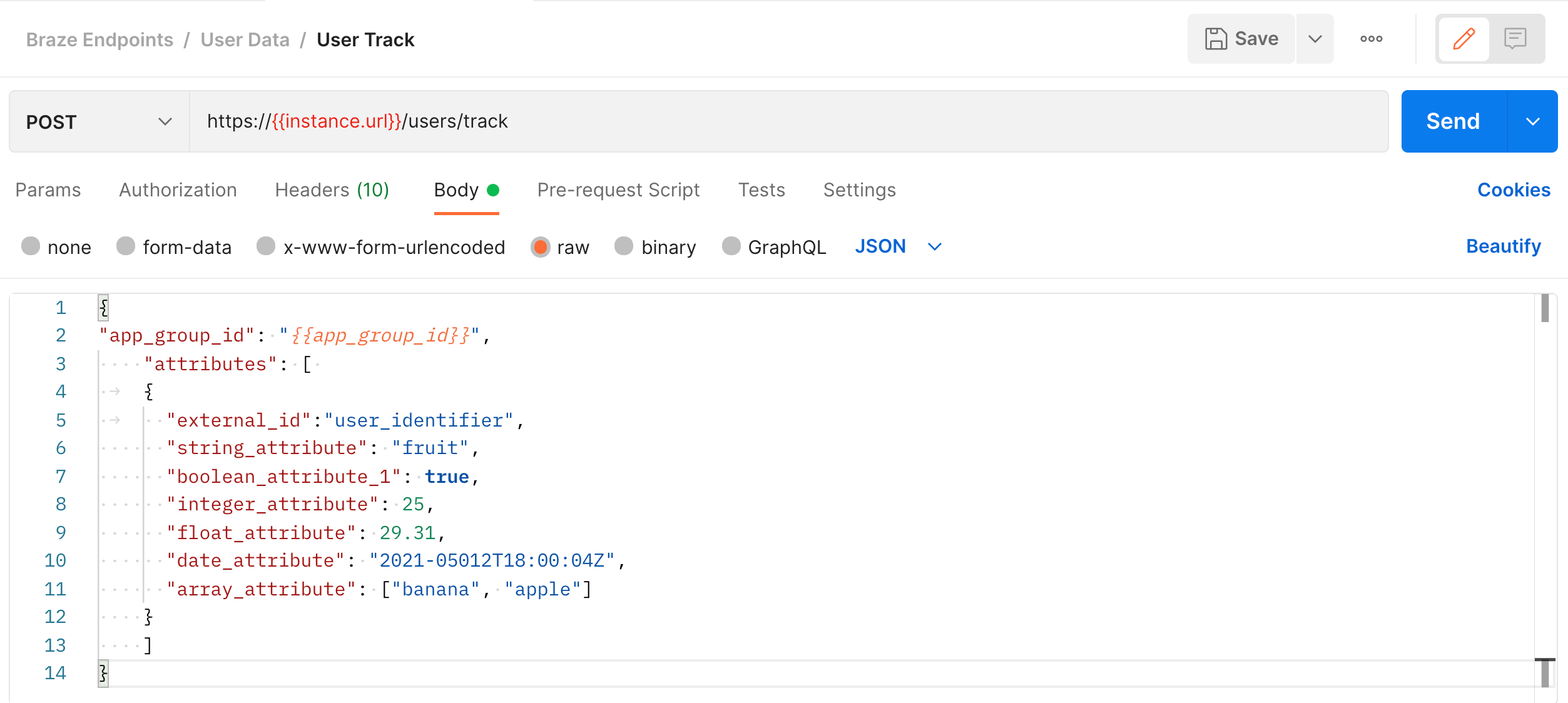Body tab when editing a POST User Track request in Postman