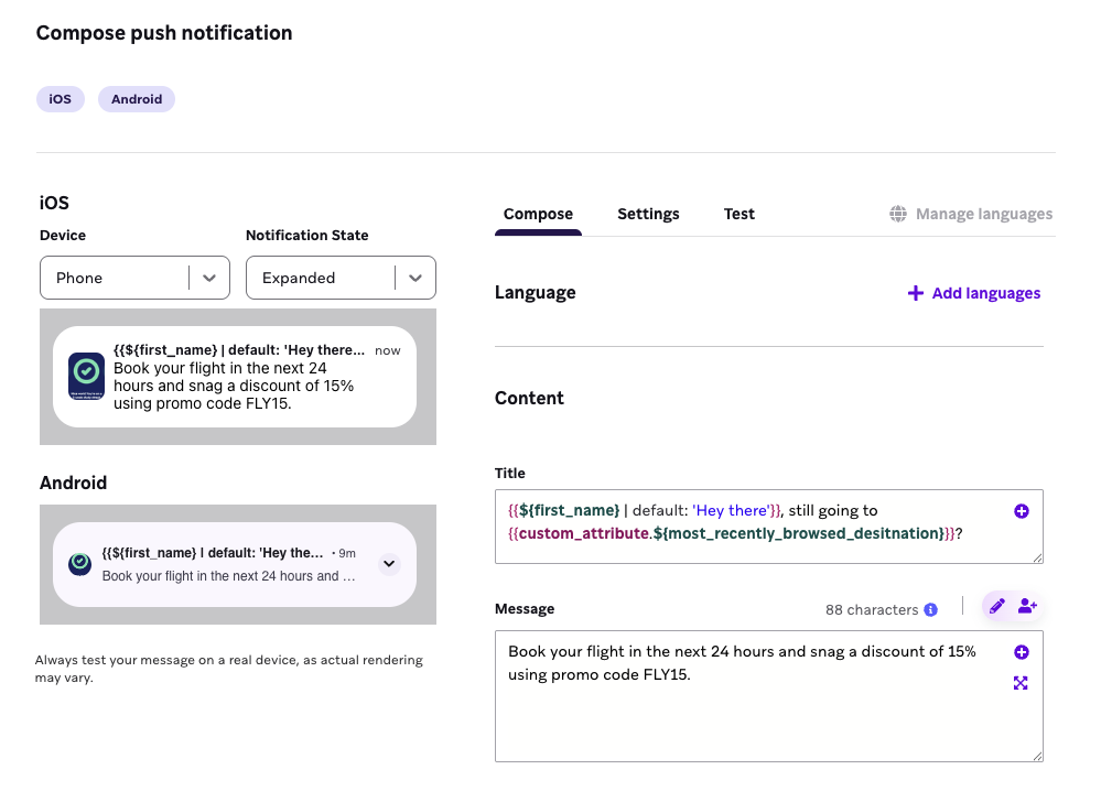 Compose tab of creating a push notification.