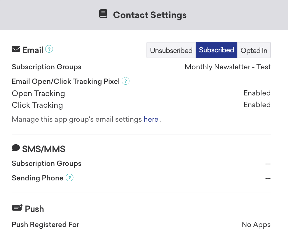 A user profile displaying the contact settings of a user. Under Push, "No Apps" are displayed.