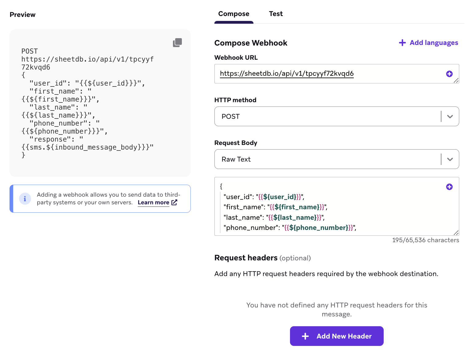 The "Compose" tab with an example webhook template.