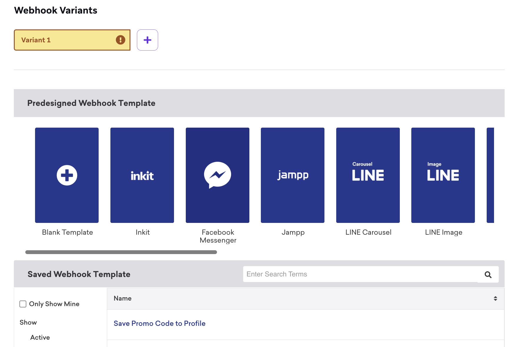 The "Webhook Templates" page with predesigned and saved webhook templates.