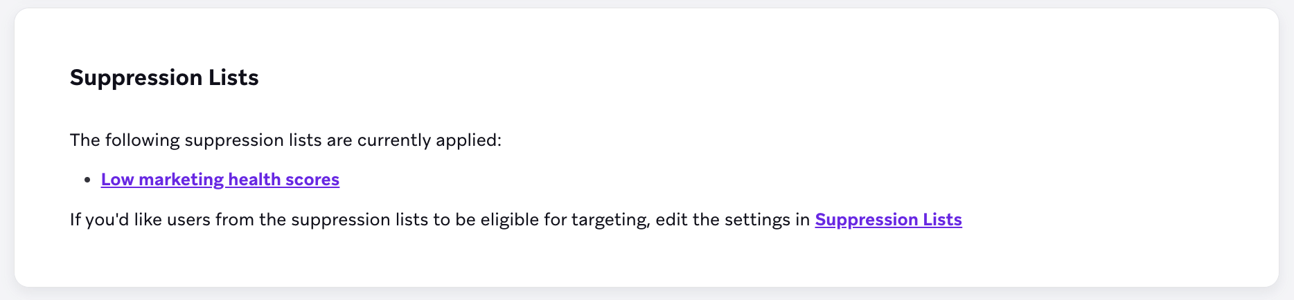 "Suppression Lists"セクションには、&quot と呼ばれる1 つのアクティブな抑制リストがあります。これは、マーケティングヘルススコアとクォートの低さです。