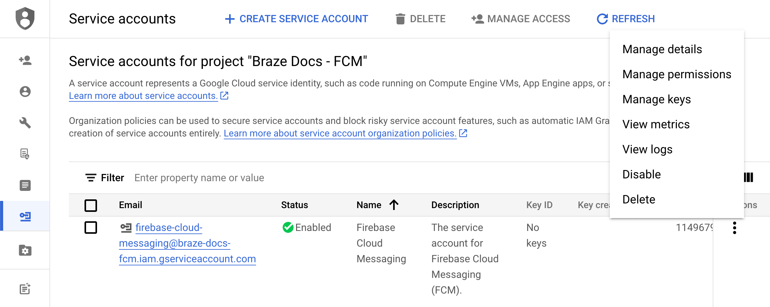 The project's service account homepage with the "Actions" menu open.