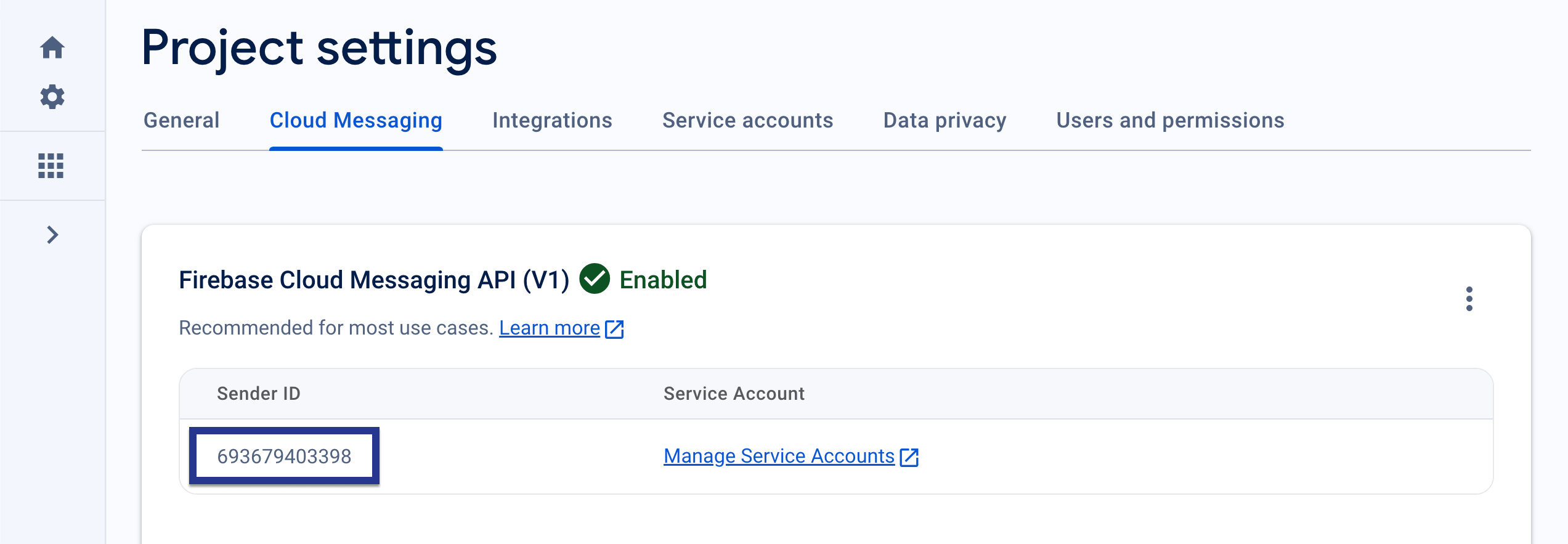 The Firebase project's "Cloud Messaging" page with the "Sender ID" highlighted.