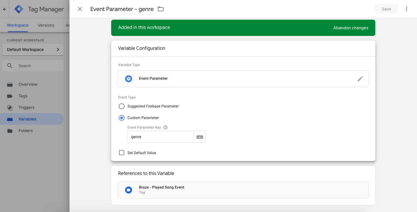Google Tag Manager の変数で、「Braze - Played Song Event」タグのイベントパラメータとして「genre」が追加されます。