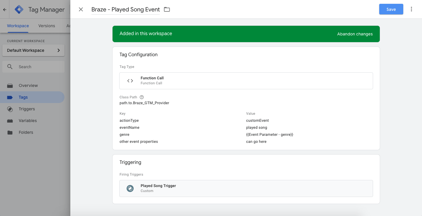classpath フィールドと、キーと値のペアフィールドを含む Google Tag Manager のタグ。このタグは、以前に作成された「再生された曲」トリガーでトリガーされるように設定されています。