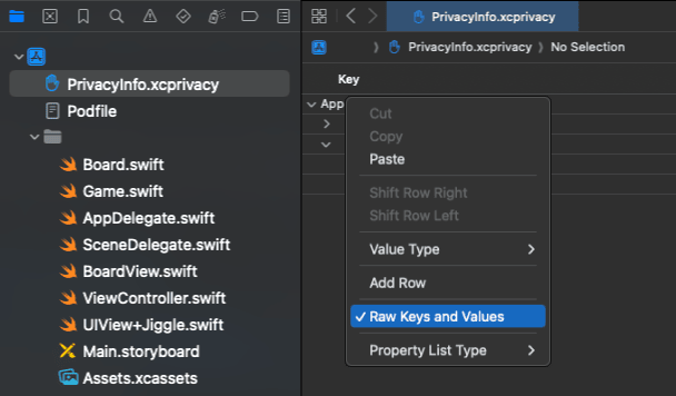 コンテキストメニューが開き、「Raw Keys and Values」が強調表示された Xcode プロジェクト。