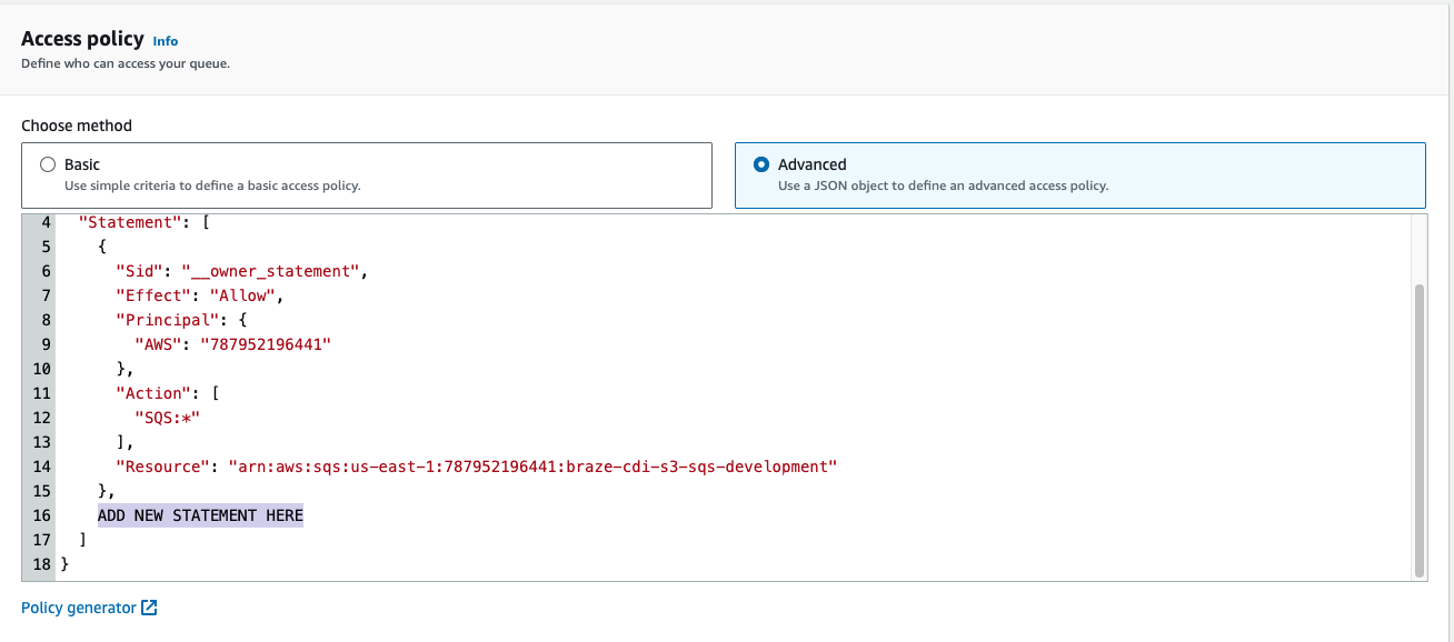 キューにアクセスできる人を定義するJSONオブジェクトの例で「詳細」を選択する。