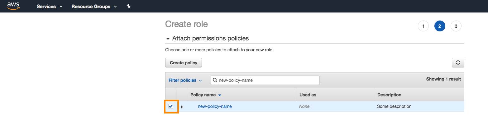 new-policy-name が選択されたロールARN。