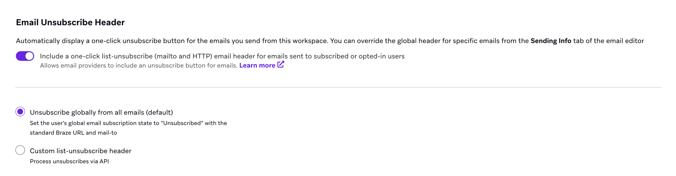 配信登録またはオプトインしているユーザーに送信されるメールに、list-unsubscribe ヘッダーを自動的に含めるオプション。