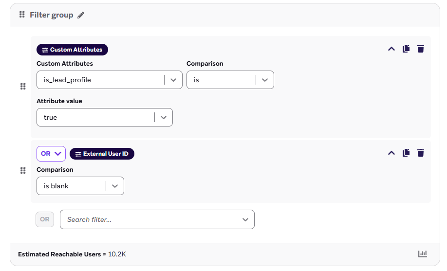 空白の外部ユーザーID と真の"is_lead_profile"カスタム属性のセグメントフィルタ。