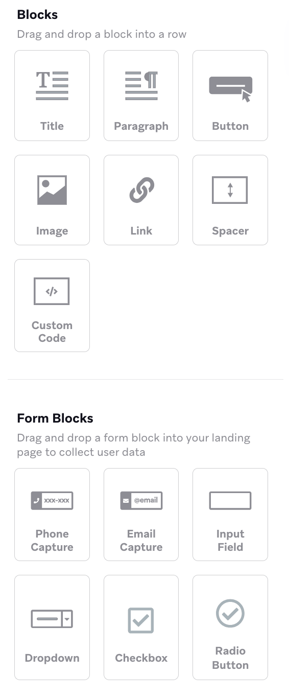 'Rows' と'Form Blocks' を含む'Build' セクション。