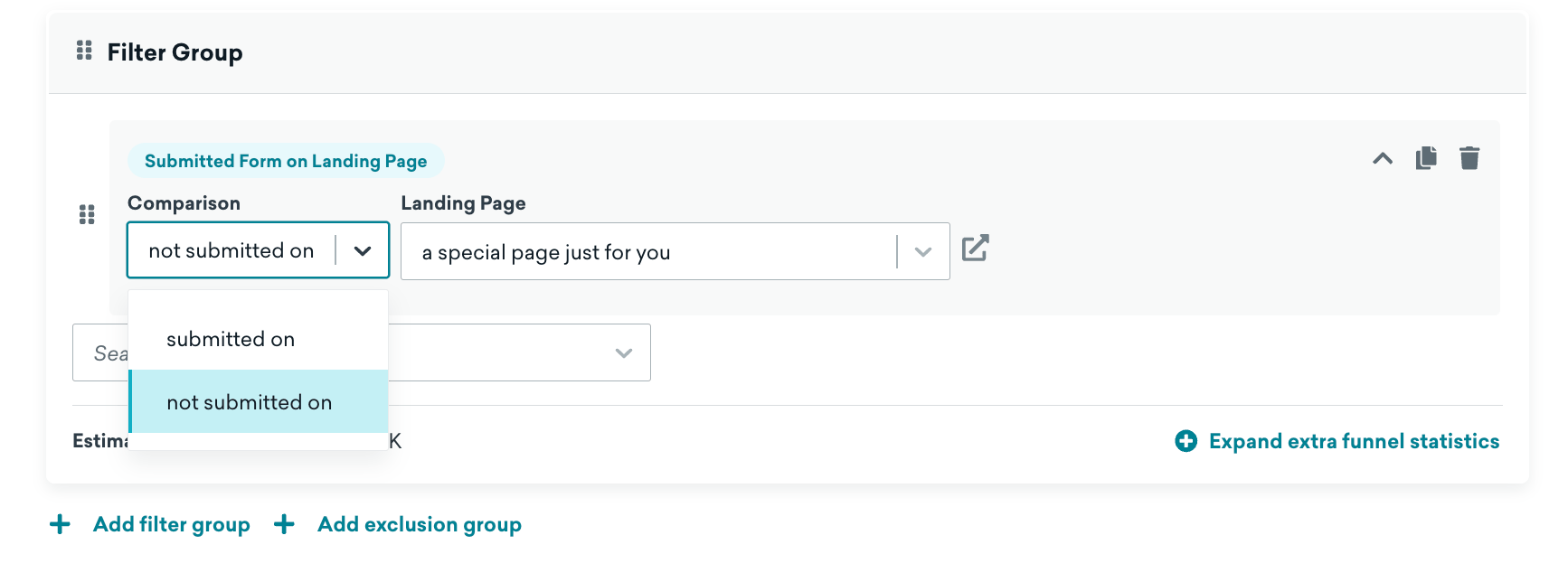 フィルタグループを&quot として選択したセグメントの作成;Landing Page&quot で送信されるフォーム;