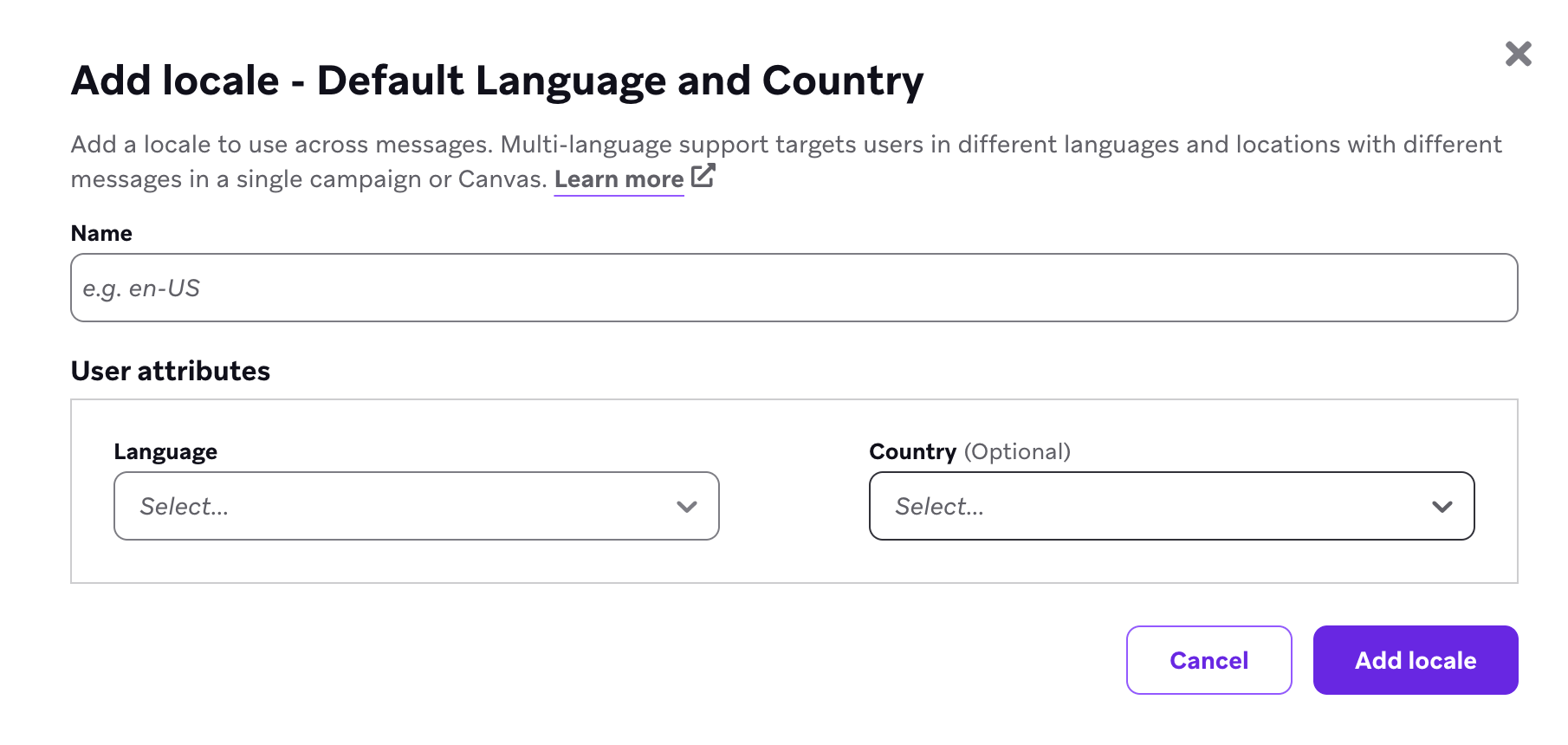 言語と国を指定するための「ロケールの追加 - デフォルトの言語と国」というウィンドウ。