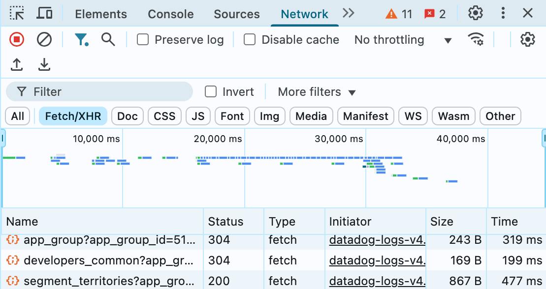 Chromeブラウザの"Fetch/XHR"タブ。