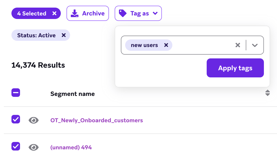 [タグ付けする] ドロップダウンフィールドで [CRM] を選択した状態で複数のセグメントを選択
