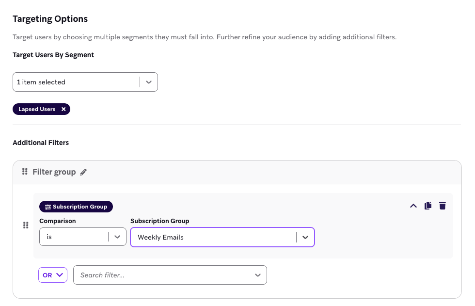 「Lapsed Users」セグメント内のユーザーを、「Stable Alerts」サブスクリプショングループのユーザーでフィルタリングしてターゲットにする例