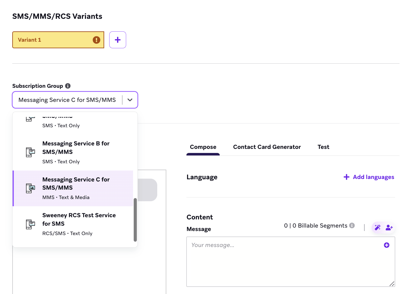 [Messaging Service A for SMS] が強調表示された購読グループのドロップダウン。エントリーの先頭に "MMS "というタグが付く。