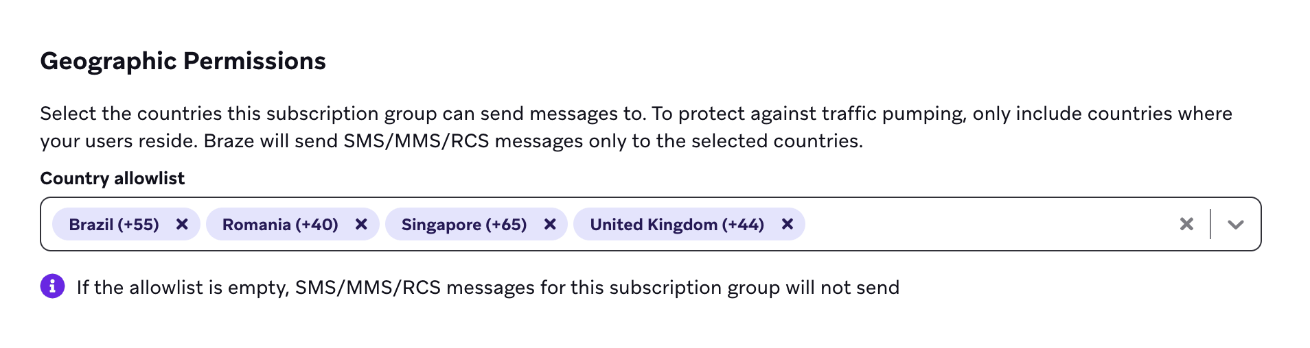 「"Country allowlist"」で選択した、オーストラリア、カナダ、および米国の管理者用の編集可能なSMS 地理的権限セクション。