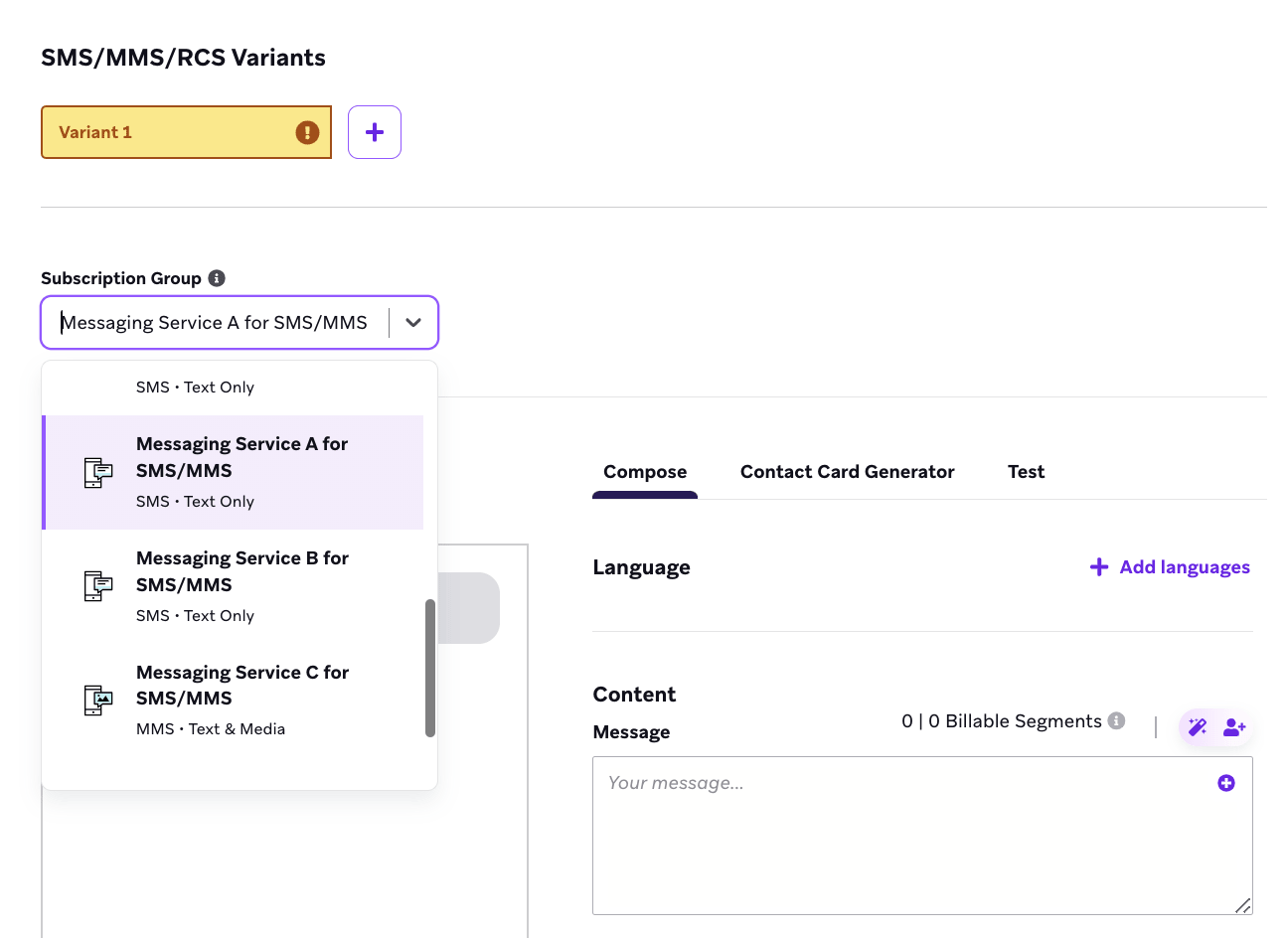ユーザーが購読グループのドロップダウンを開き、[Messaging Service A for SMS] を強調表示した SMS 作成画面。