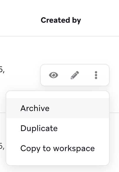 設定ドロップダウンメニューが拡張され、3つのオプションが表示される：Edit（編集）、Archive（アーカイブ）、Duplicate（複製）で、Archive（アーカイブ）オプションが強調表示される。