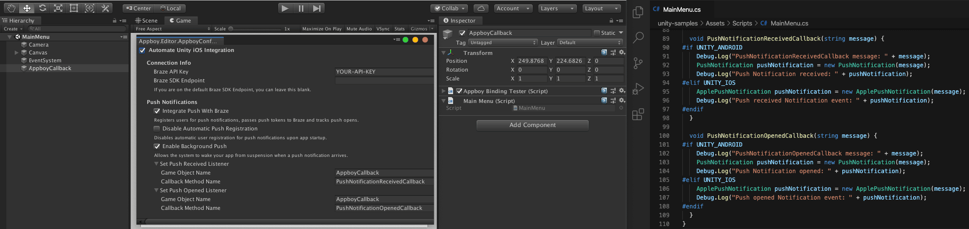 This implementation example graphic shows the Braze configuration options mentioned in the preceding sections and a C# code snippet.