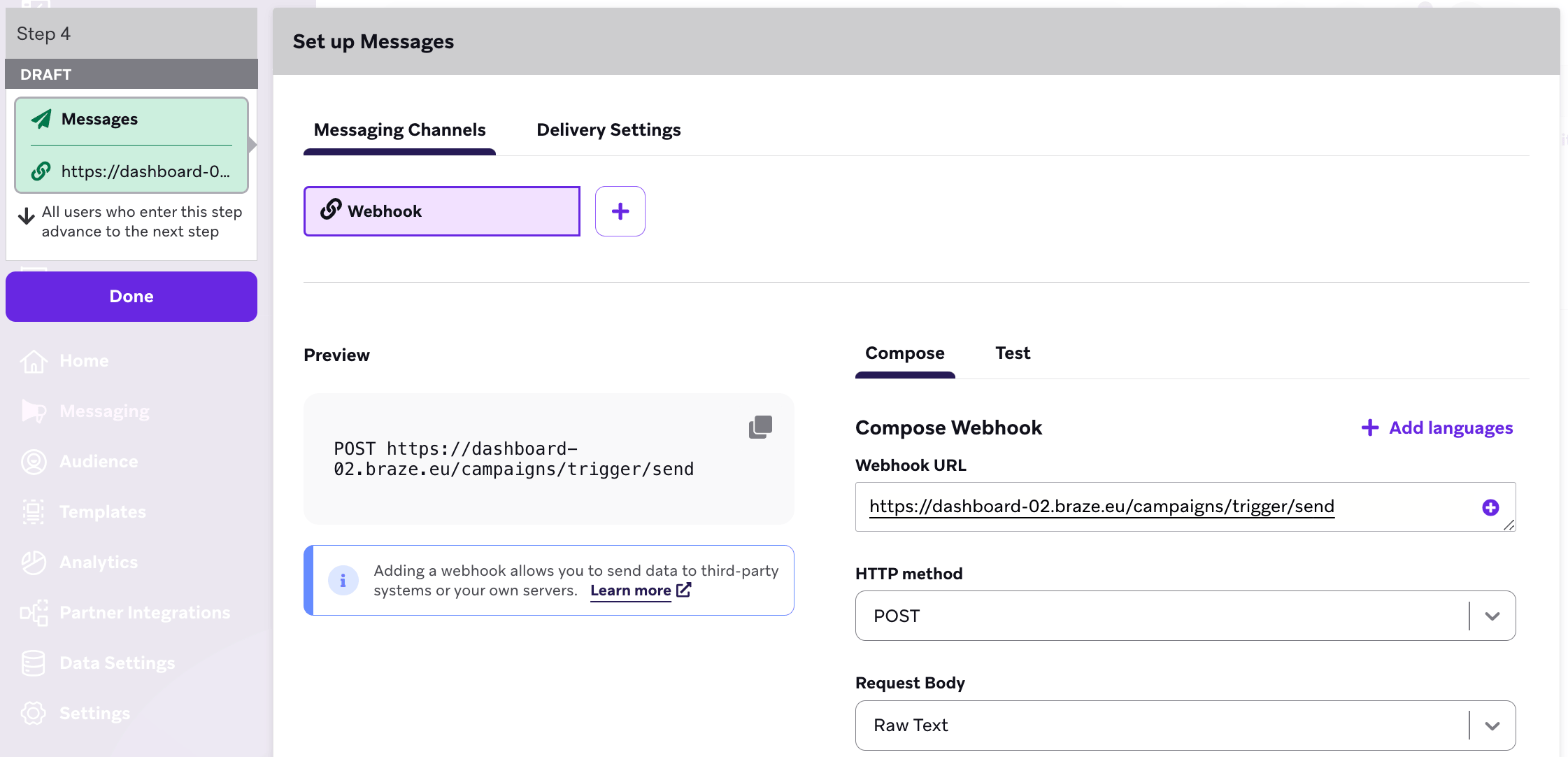Webhook のメッセージステップ。