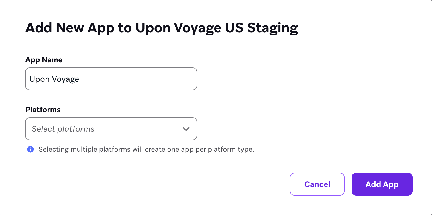 「Add New App to Upon Voyage US - Staging" モーダルでアプリの詳細を選択できる。